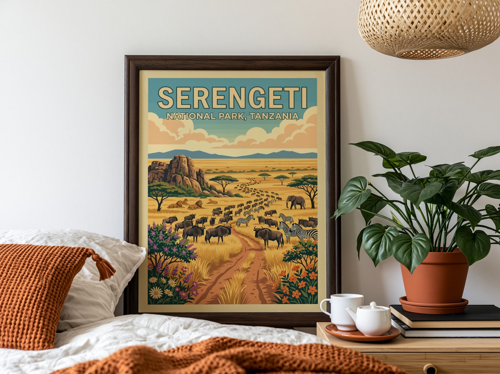 Serengeti National Park poster featuring wildlife, warm colors, and a serene landscape