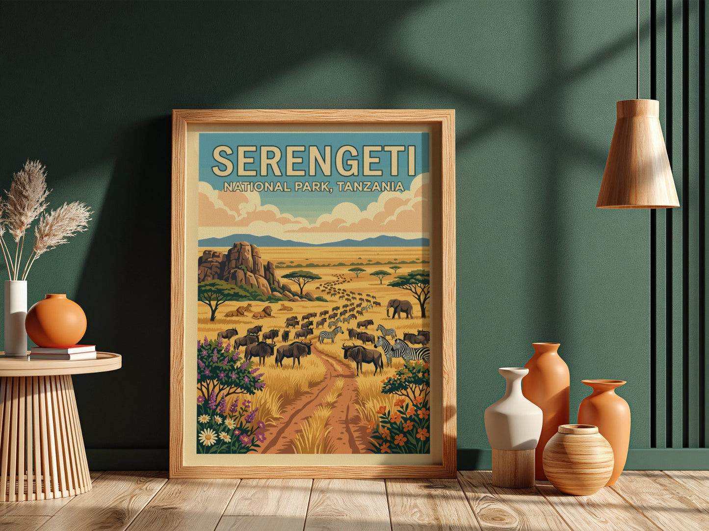 Serengeti National Park poster featuring wildlife, warm colors, and a serene landscape