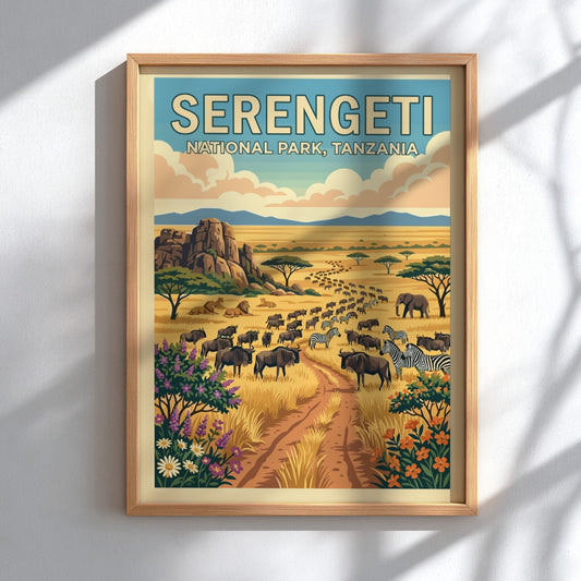 Serengeti National Park poster featuring wildlife, warm colors, and a serene landscape