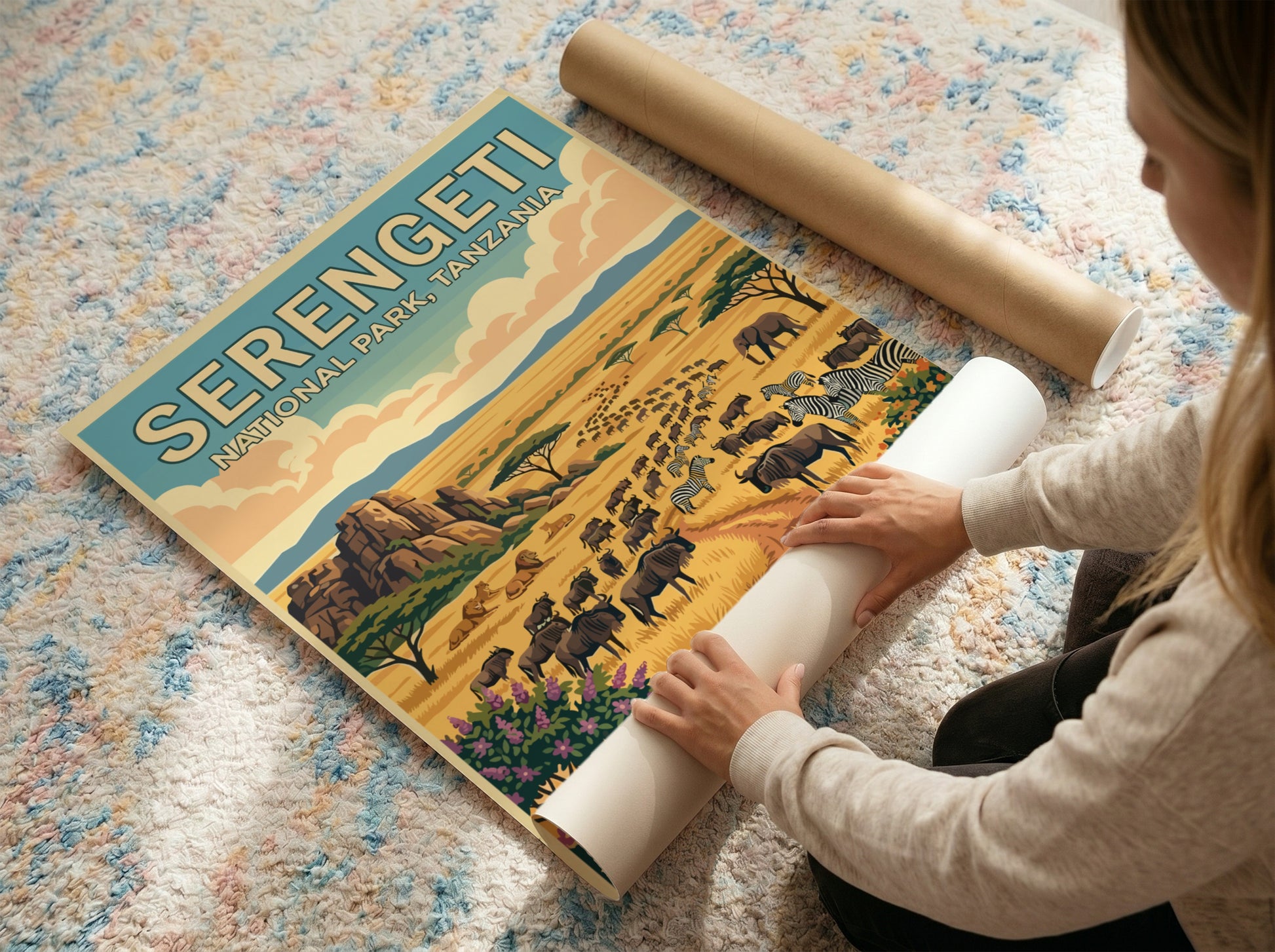 Serengeti National Park poster featuring wildlife, warm colors, and a serene landscape