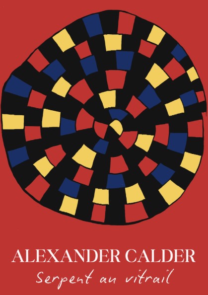 Alexander Calder "Serpent au vitrail" poster with red, yellow, and blue abstract shapes on black.