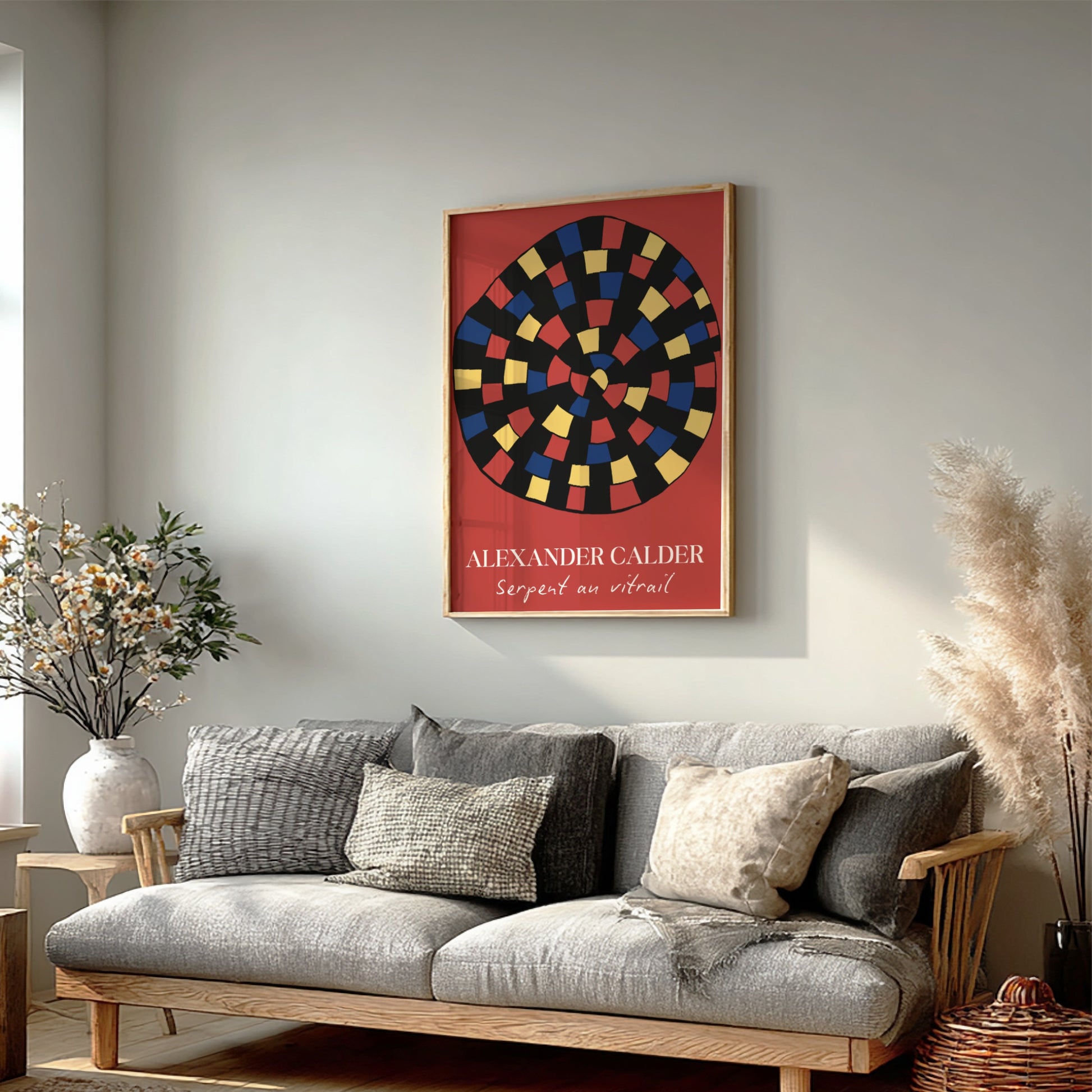 Alexander Calder "Serpent au vitrail" poster with red, yellow, and blue abstract shapes on black.
