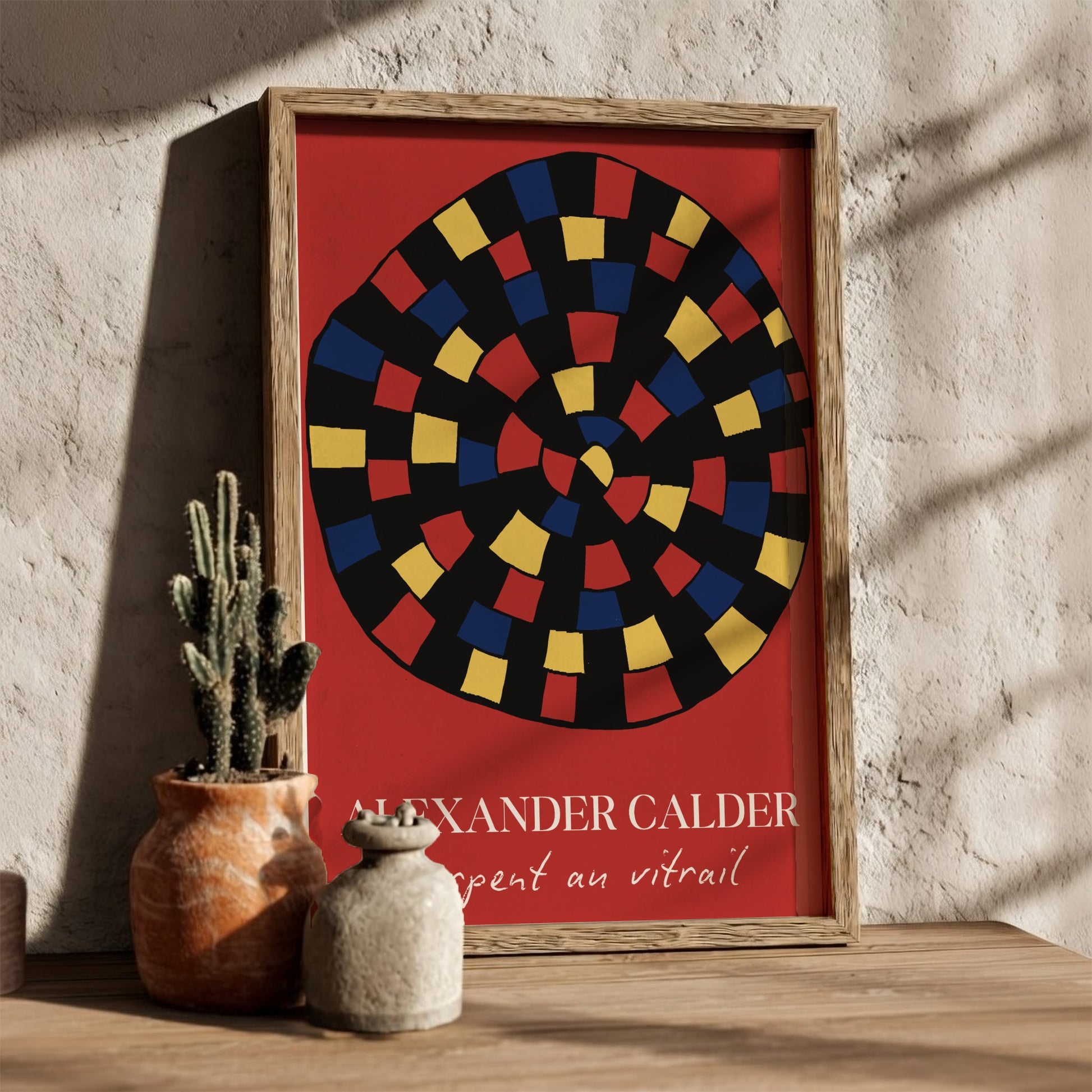 Alexander Calder "Serpent au vitrail" poster with red, yellow, and blue abstract shapes on black.