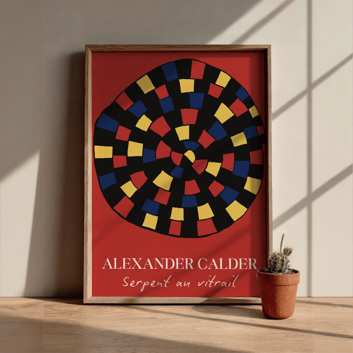 Alexander Calder "Serpent au vitrail" poster with red, yellow, and blue abstract shapes on black.