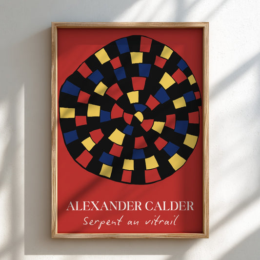 Alexander Calder "Serpent au vitrail" poster with red, yellow, and blue abstract shapes on black.