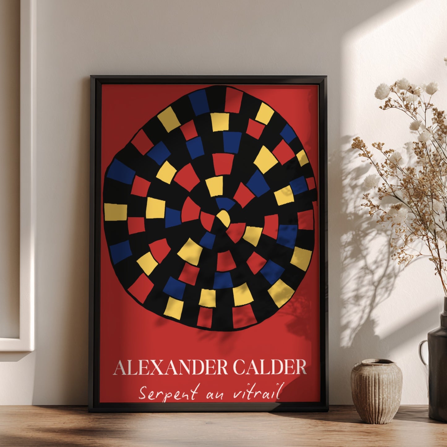 Alexander Calder "Serpent au vitrail" poster with red, yellow, and blue abstract shapes on black.