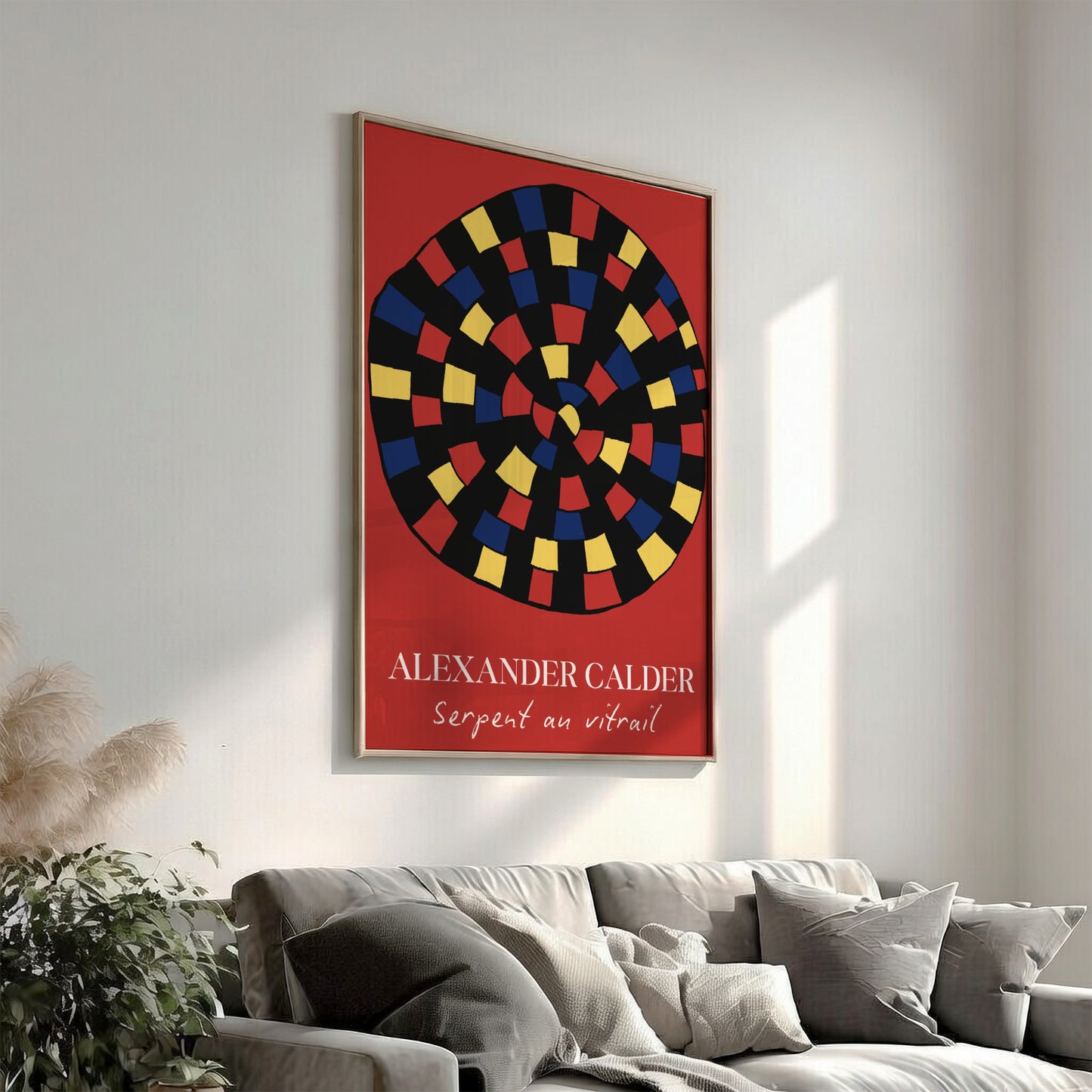 Alexander Calder "Serpent au vitrail" poster with red, yellow, and blue abstract shapes on black.