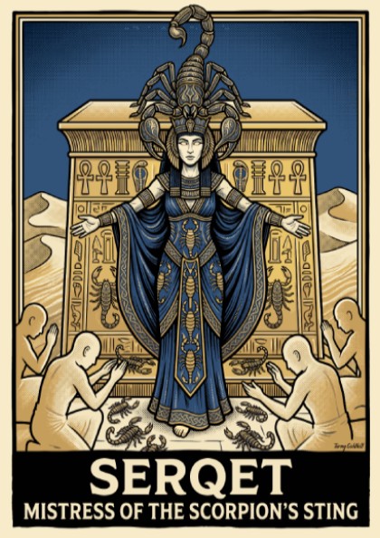 Poster of the Egyptian goddess Serqet with a scorpion headdress and blue robes.