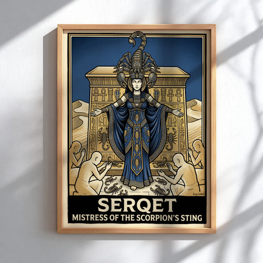 Poster of the Egyptian goddess Serqet with a scorpion headdress and blue robes.