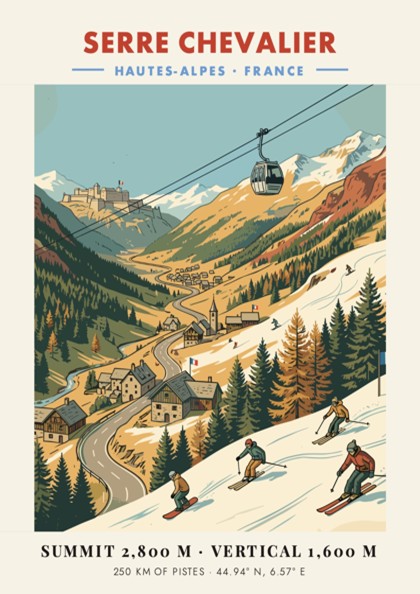 Ski travel poster featuring a cable car over Serre Chevalier mountain resort village