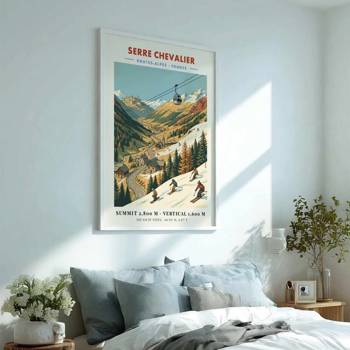 Ski travel poster featuring a cable car over Serre Chevalier mountain resort village