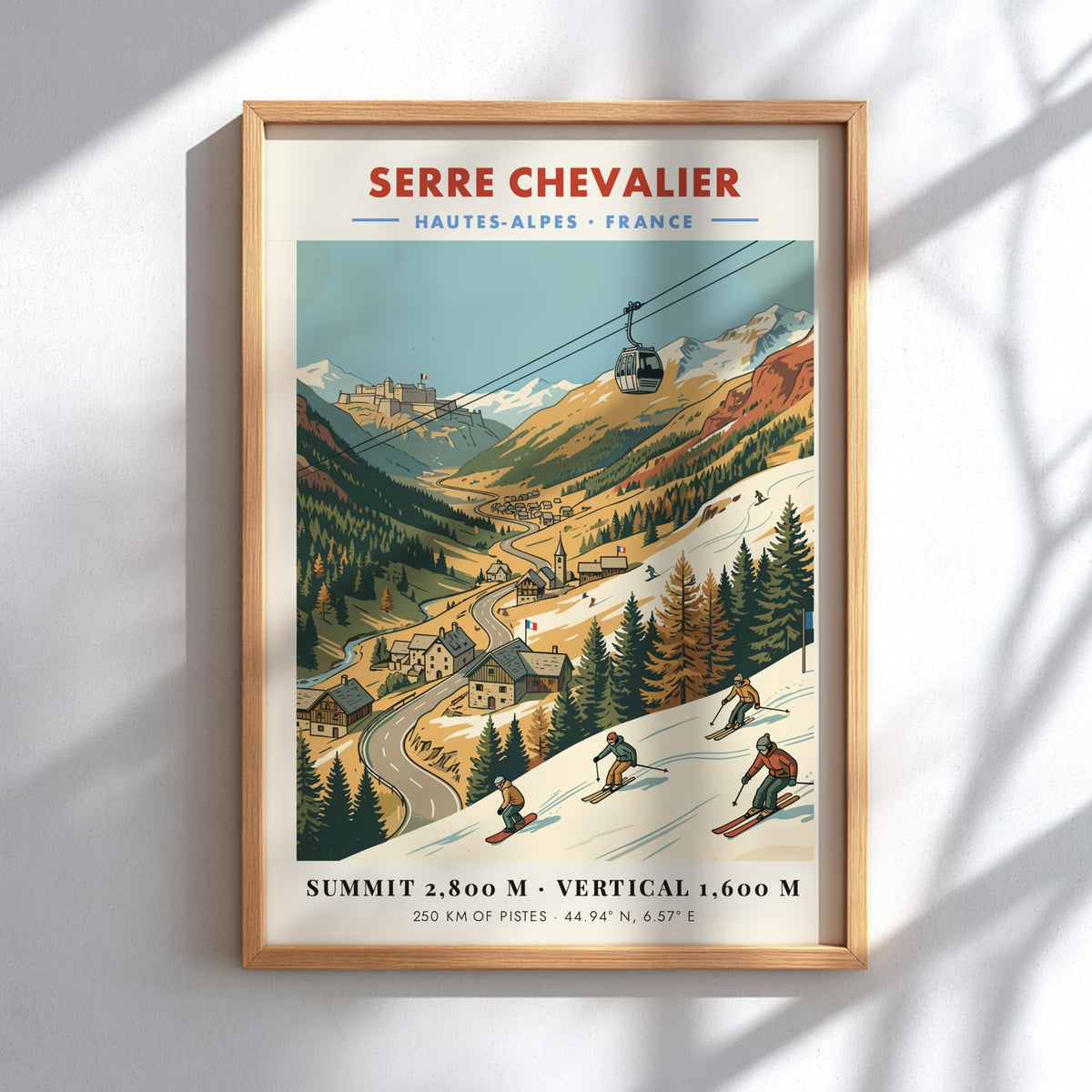 Ski travel poster featuring a cable car over Serre Chevalier mountain resort village
