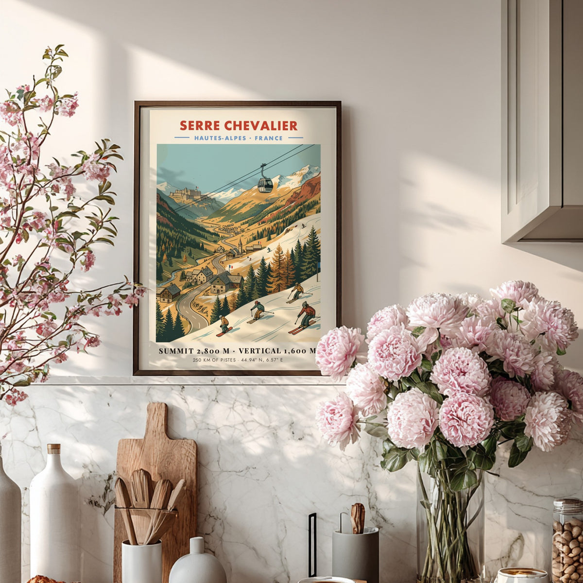 Ski travel poster featuring a cable car over Serre Chevalier mountain resort village