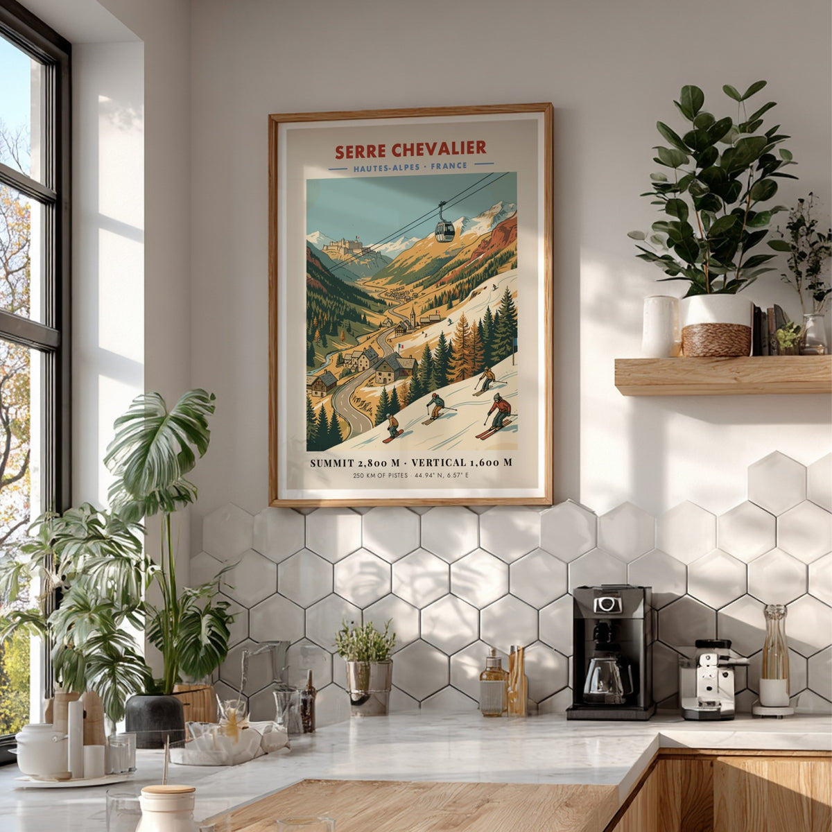 Ski travel poster featuring a cable car over Serre Chevalier mountain resort village