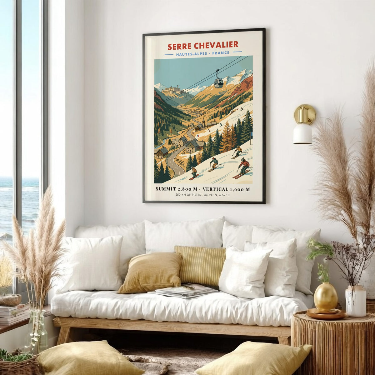 Ski travel poster featuring a cable car over Serre Chevalier mountain resort village