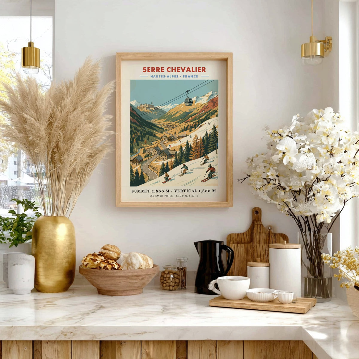 Ski travel poster featuring a cable car over Serre Chevalier mountain resort village