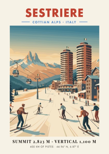Ski resort poster featuring Sestriere in the Cottian Alps with vintage style and vibrant colors