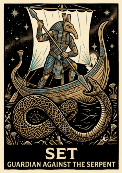 Poster featuring the Egyptian god Set standing on a boat fighting a serpent