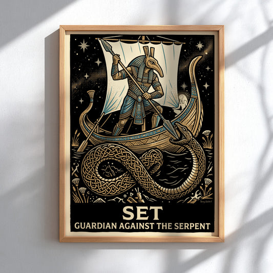 Poster featuring the Egyptian god Set standing on a boat fighting a serpent