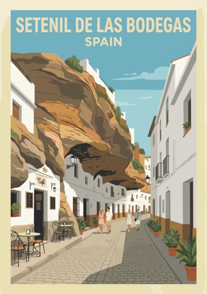 Poster of Setenil de las Bodegas Spain featuring white buildings under massive rock cliffs.