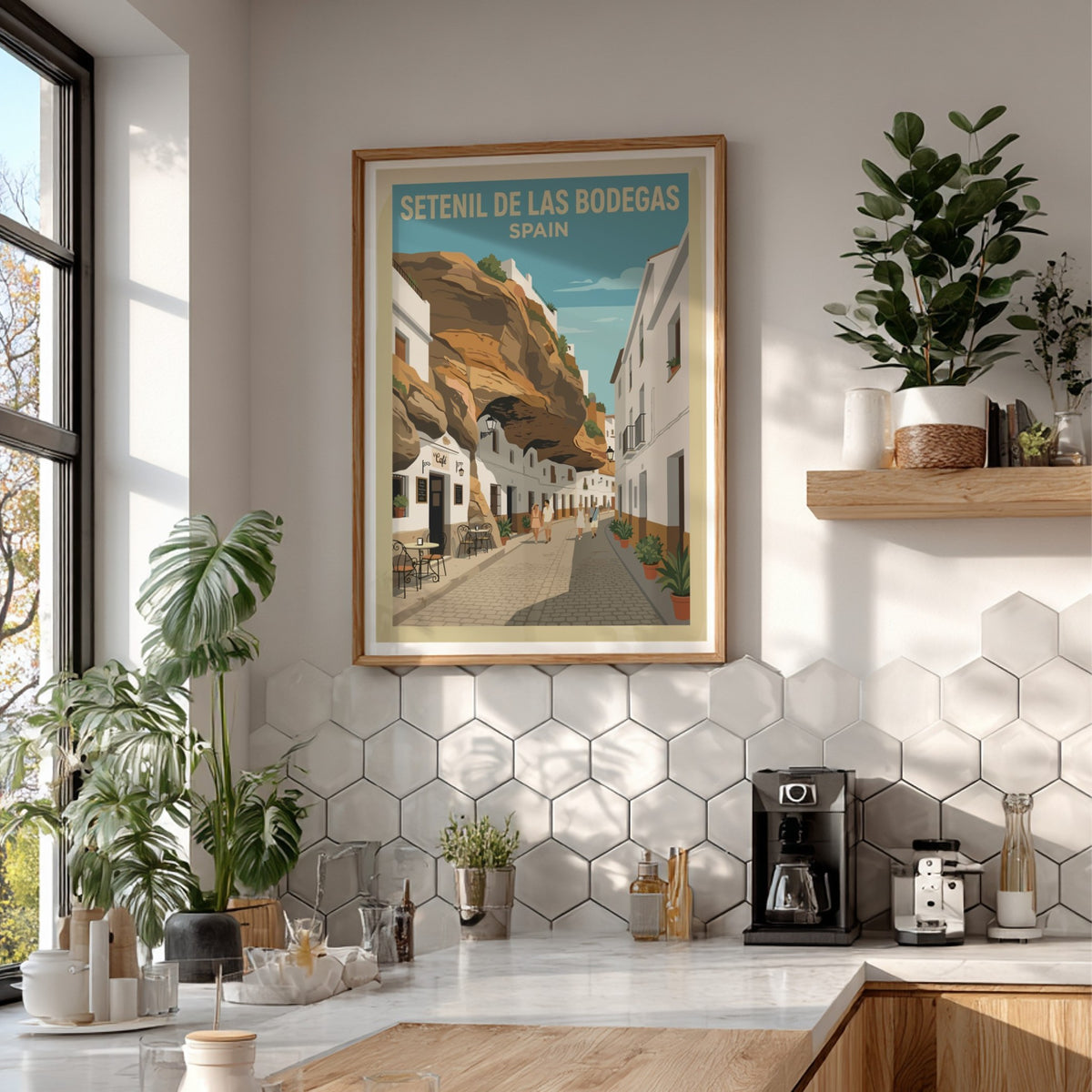 Poster of Setenil de las Bodegas Spain featuring white buildings under massive rock cliffs.