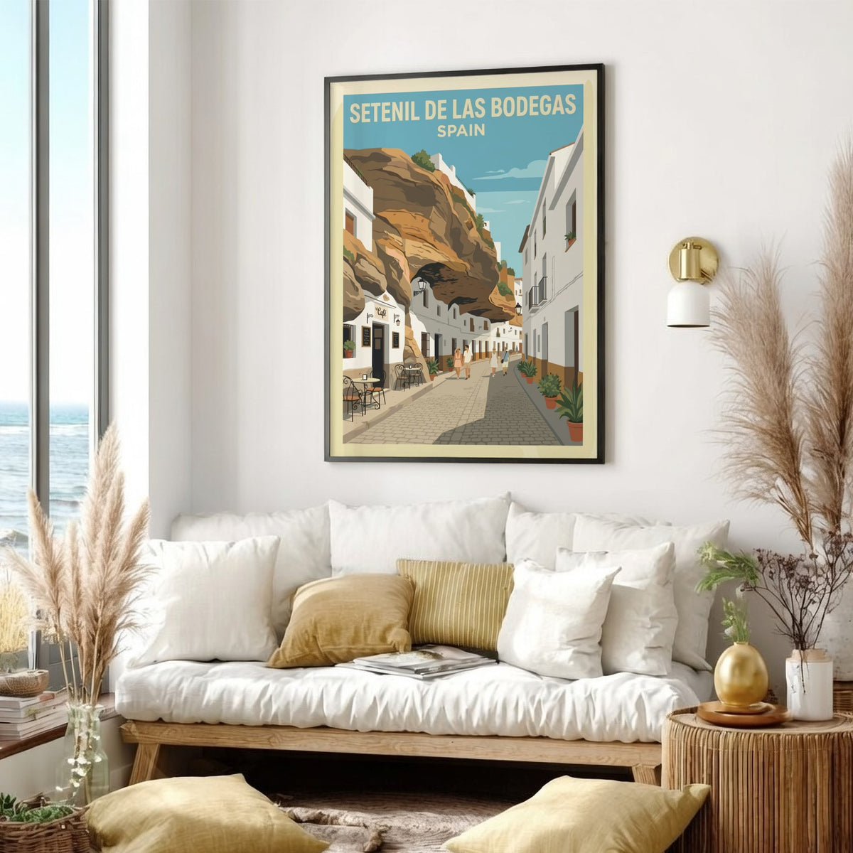 Poster of Setenil de las Bodegas Spain featuring white buildings under massive rock cliffs.