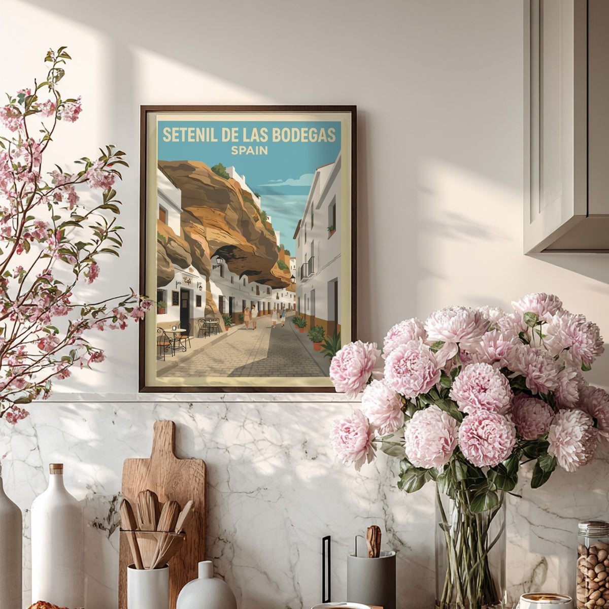 Poster of Setenil de las Bodegas Spain featuring white buildings under massive rock cliffs.