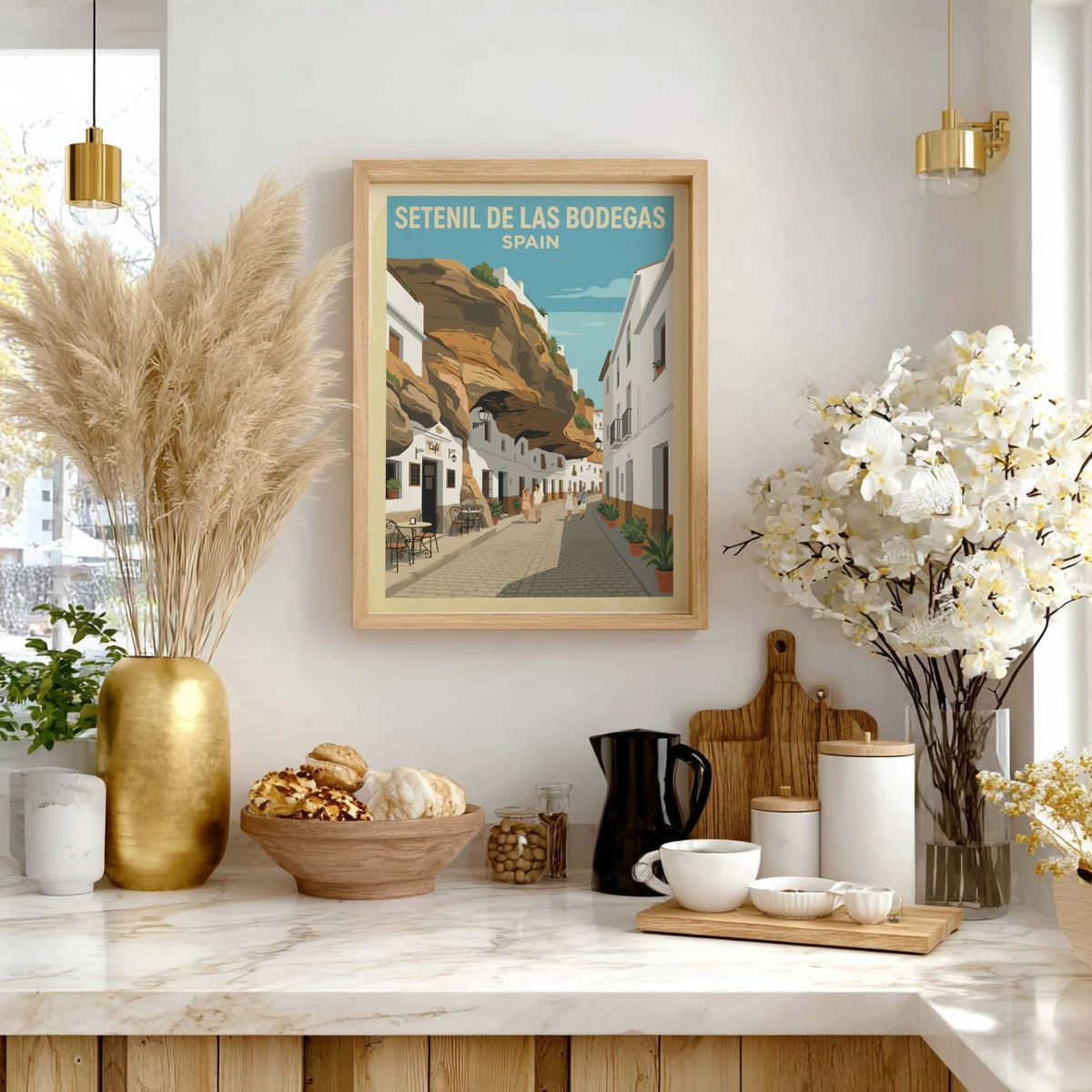 Poster of Setenil de las Bodegas Spain featuring white buildings under massive rock cliffs.