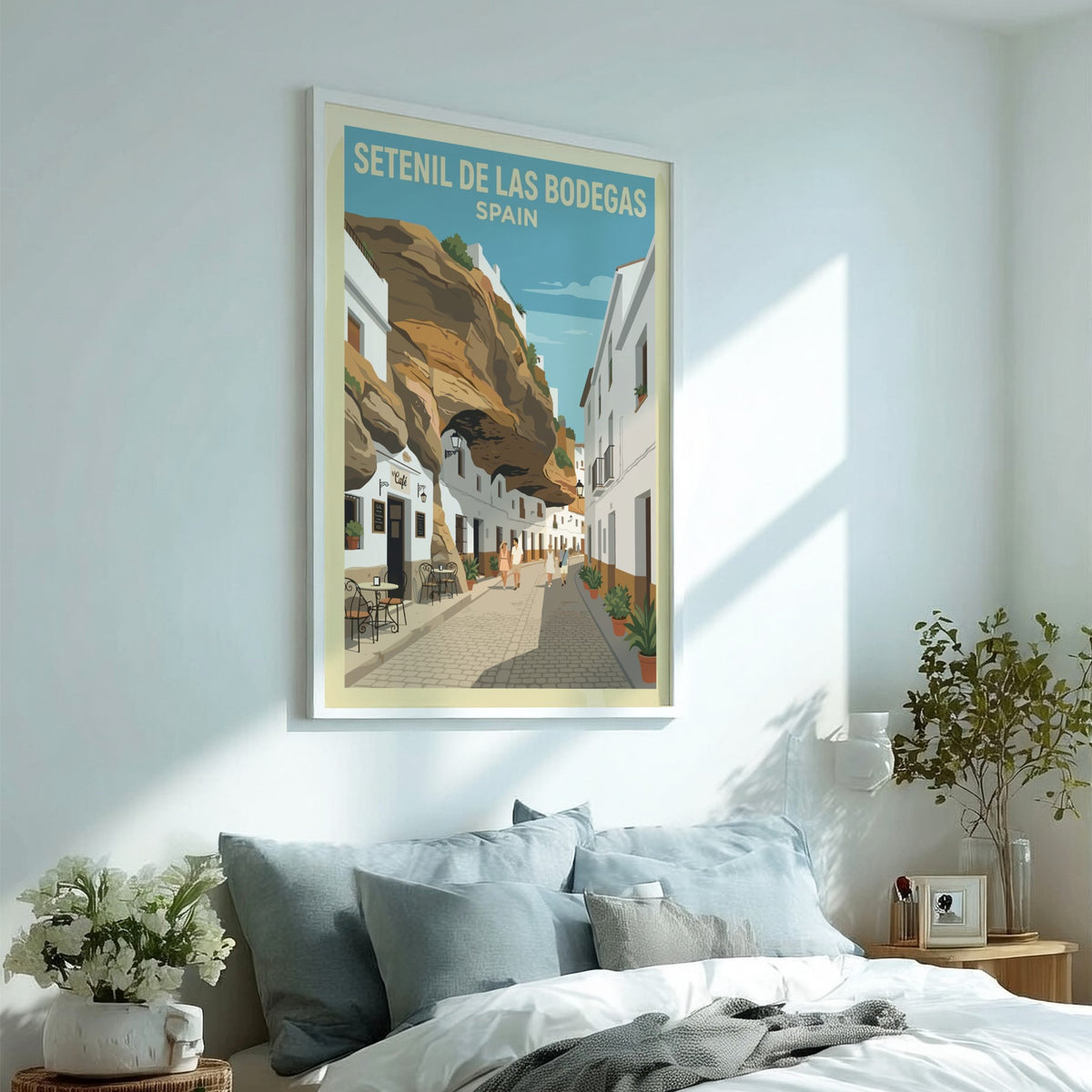 Poster of Setenil de las Bodegas Spain featuring white buildings under massive rock cliffs.