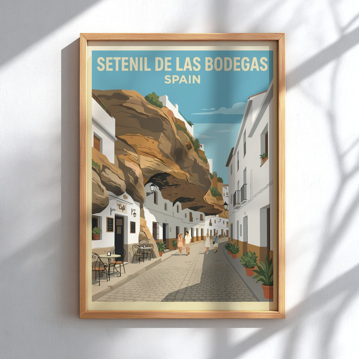 Poster of Setenil de las Bodegas Spain featuring white buildings under massive rock cliffs.