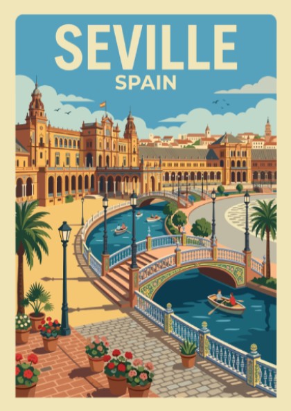 Seville Spain travel poster featuring a sunny plaza with a canal and bridges.