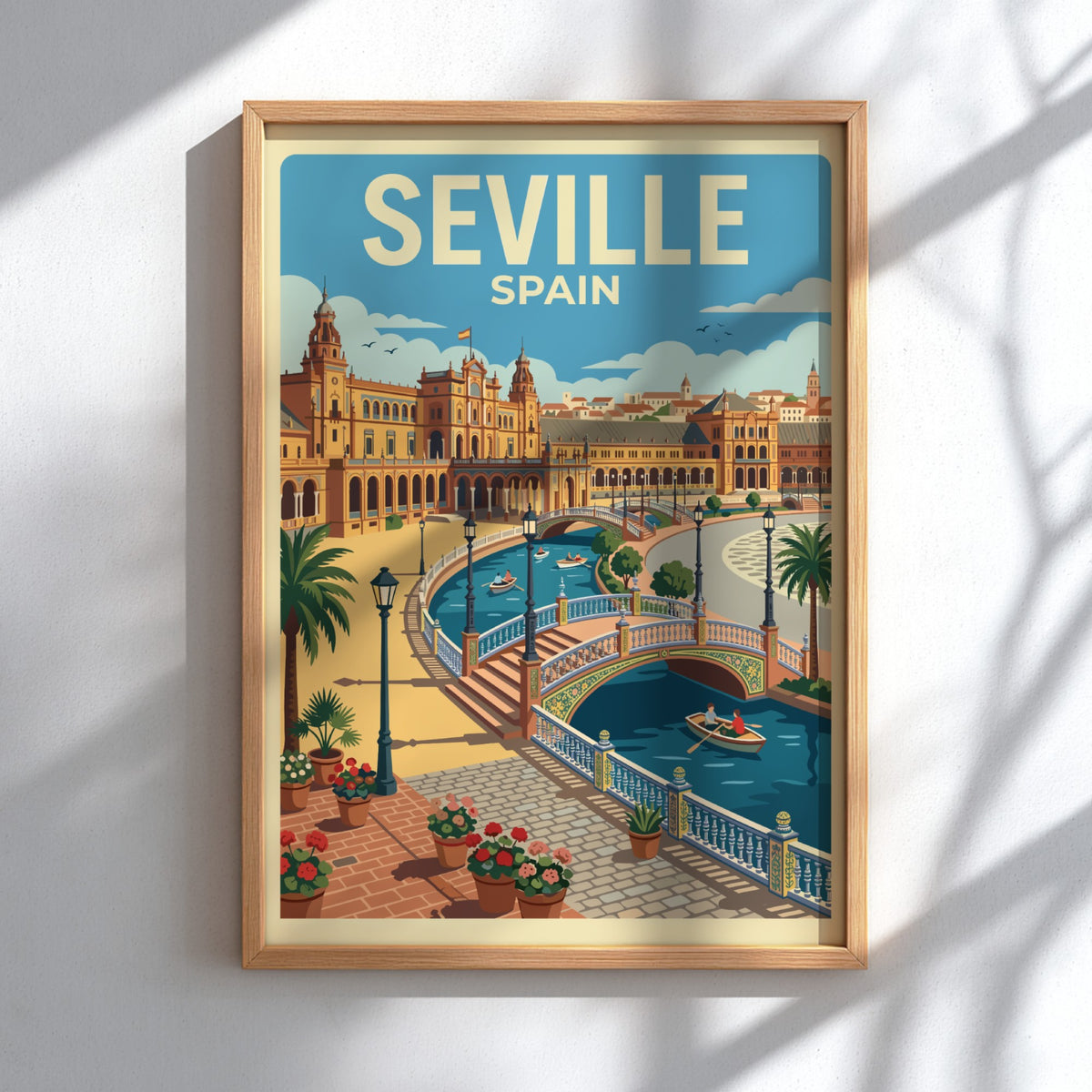 Seville Spain travel poster featuring a sunny plaza with a canal and bridges.