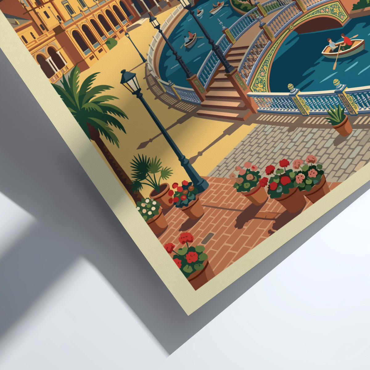 Seville Spain travel poster featuring a sunny plaza with a canal and bridges.
