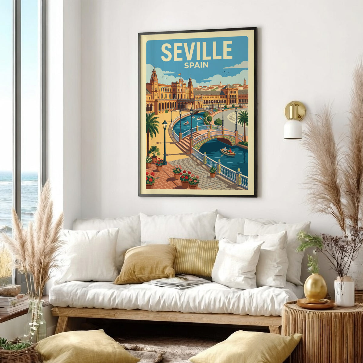 Seville Spain travel poster featuring a sunny plaza with a canal and bridges.