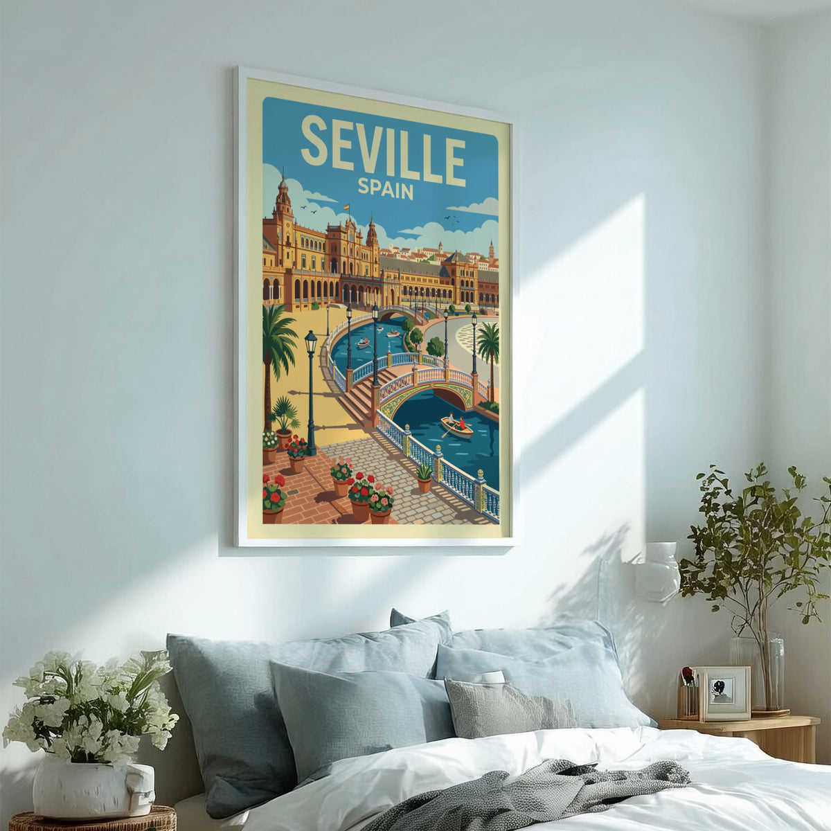 Seville Spain travel poster featuring a sunny plaza with a canal and bridges.