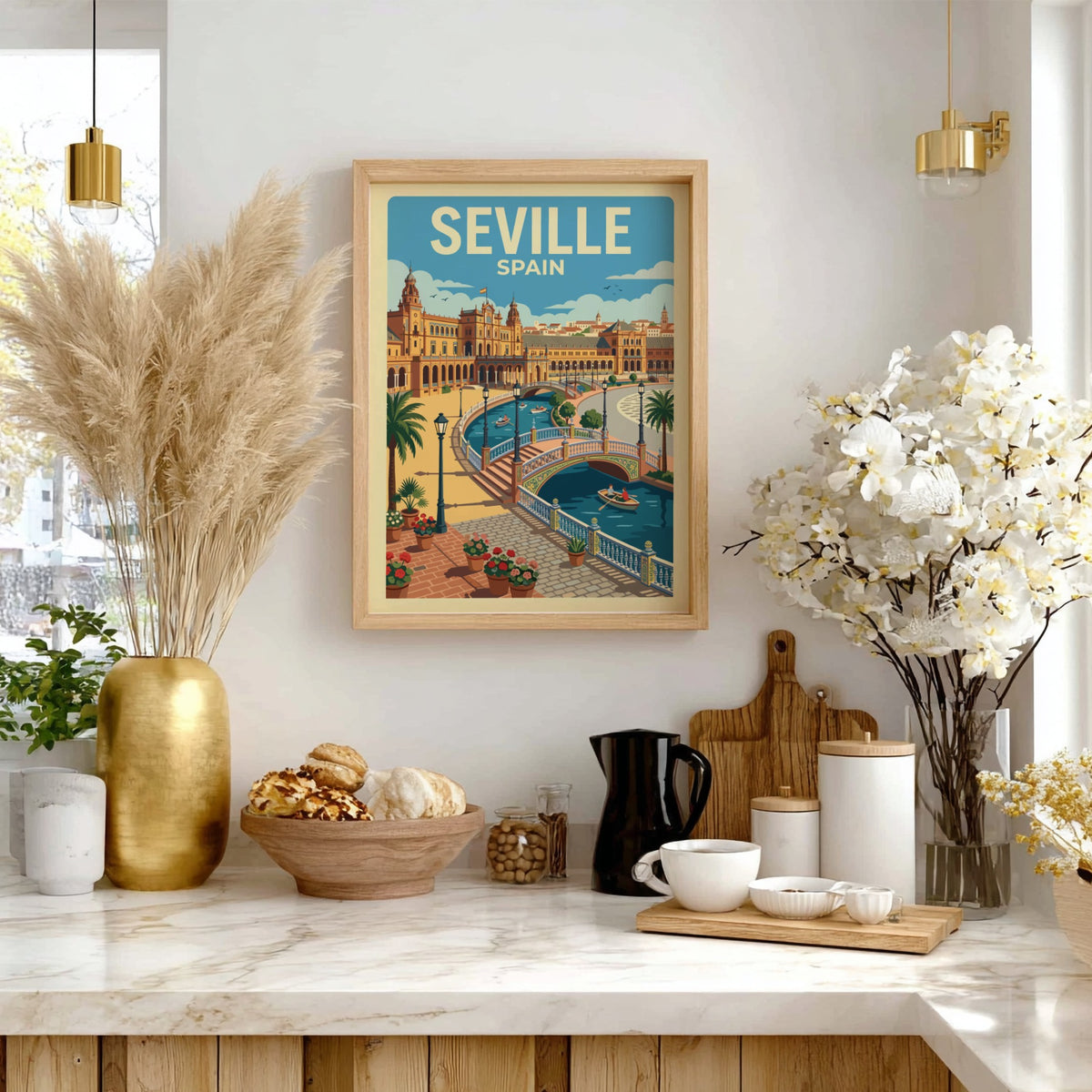 Seville Spain travel poster featuring a sunny plaza with a canal and bridges.