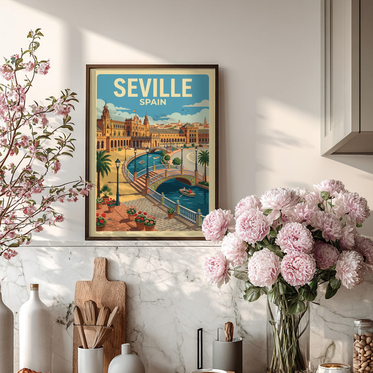 Seville Spain travel poster featuring a sunny plaza with a canal and bridges.