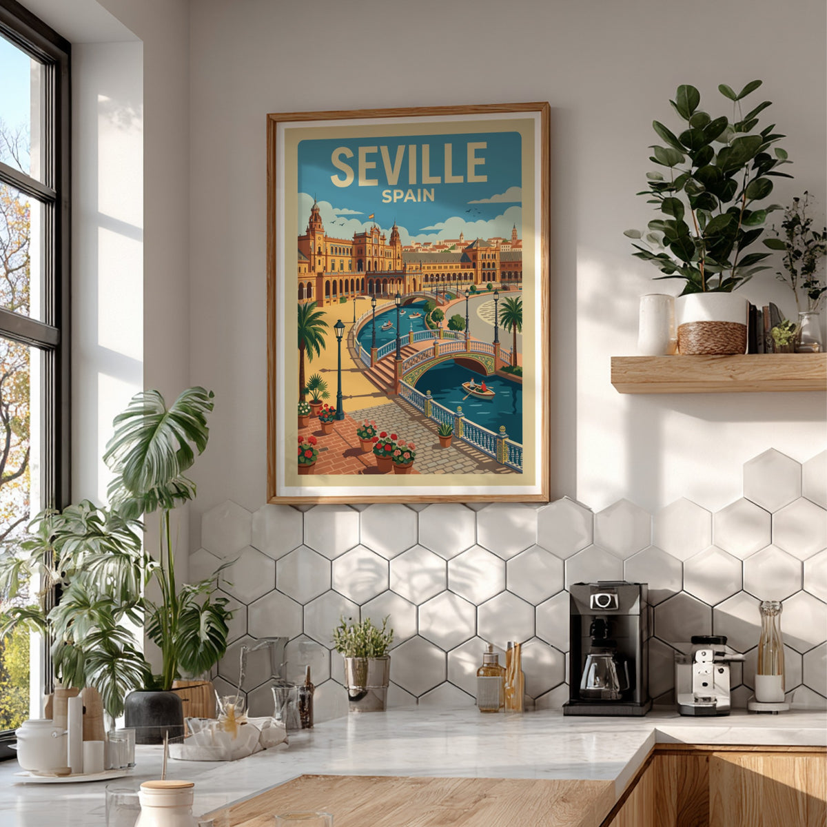 Seville Spain travel poster featuring a sunny plaza with a canal and bridges.