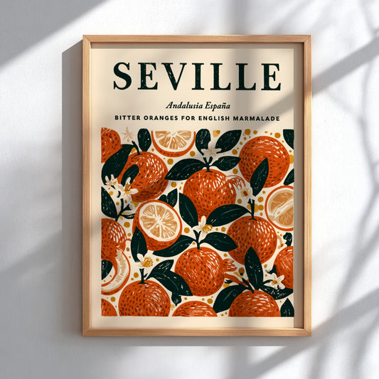 Seville kitchen poster featuring vibrant citrus fruits in warm colors, perfect for kitchen decor