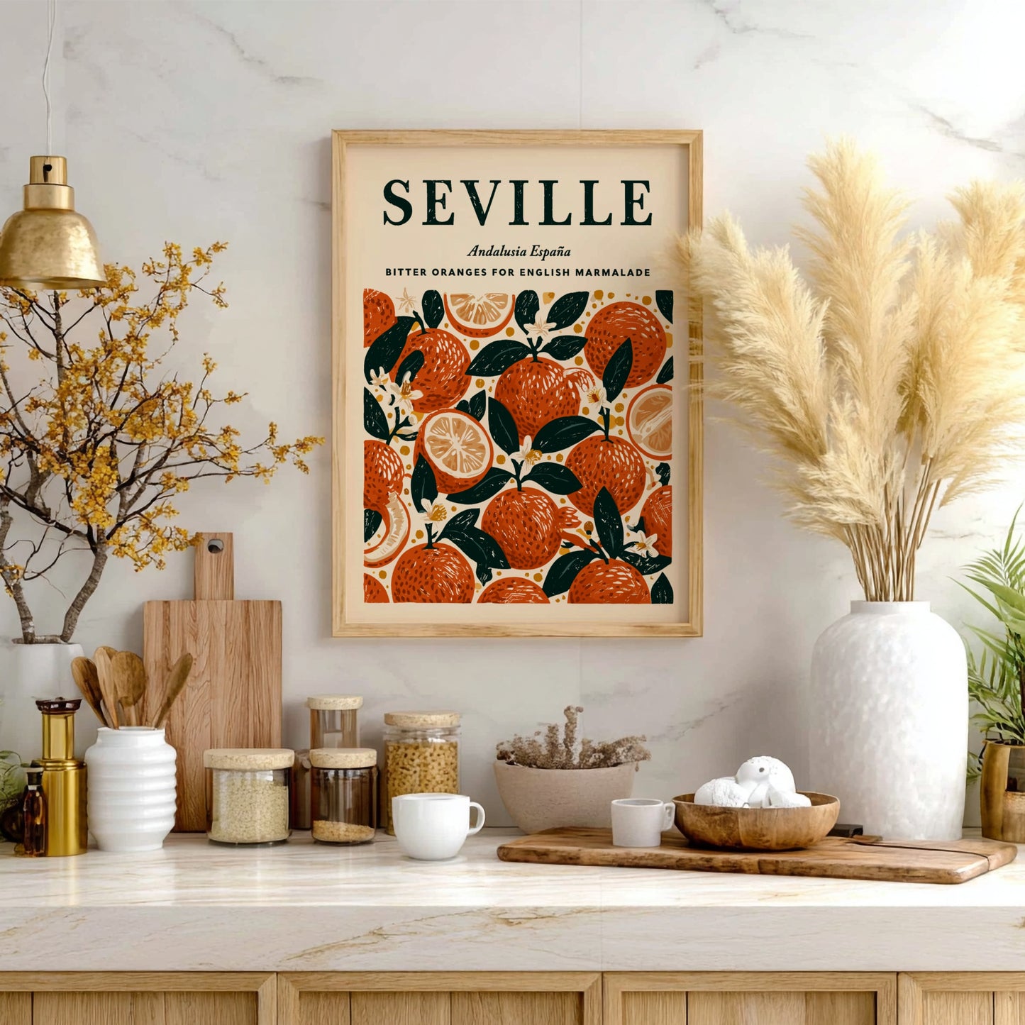 Seville kitchen poster featuring vibrant citrus fruits in warm colors, perfect for kitchen decor