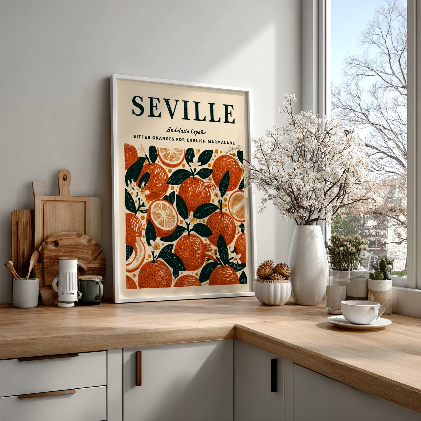 Seville kitchen poster featuring vibrant citrus fruits in warm colors, perfect for kitchen decor