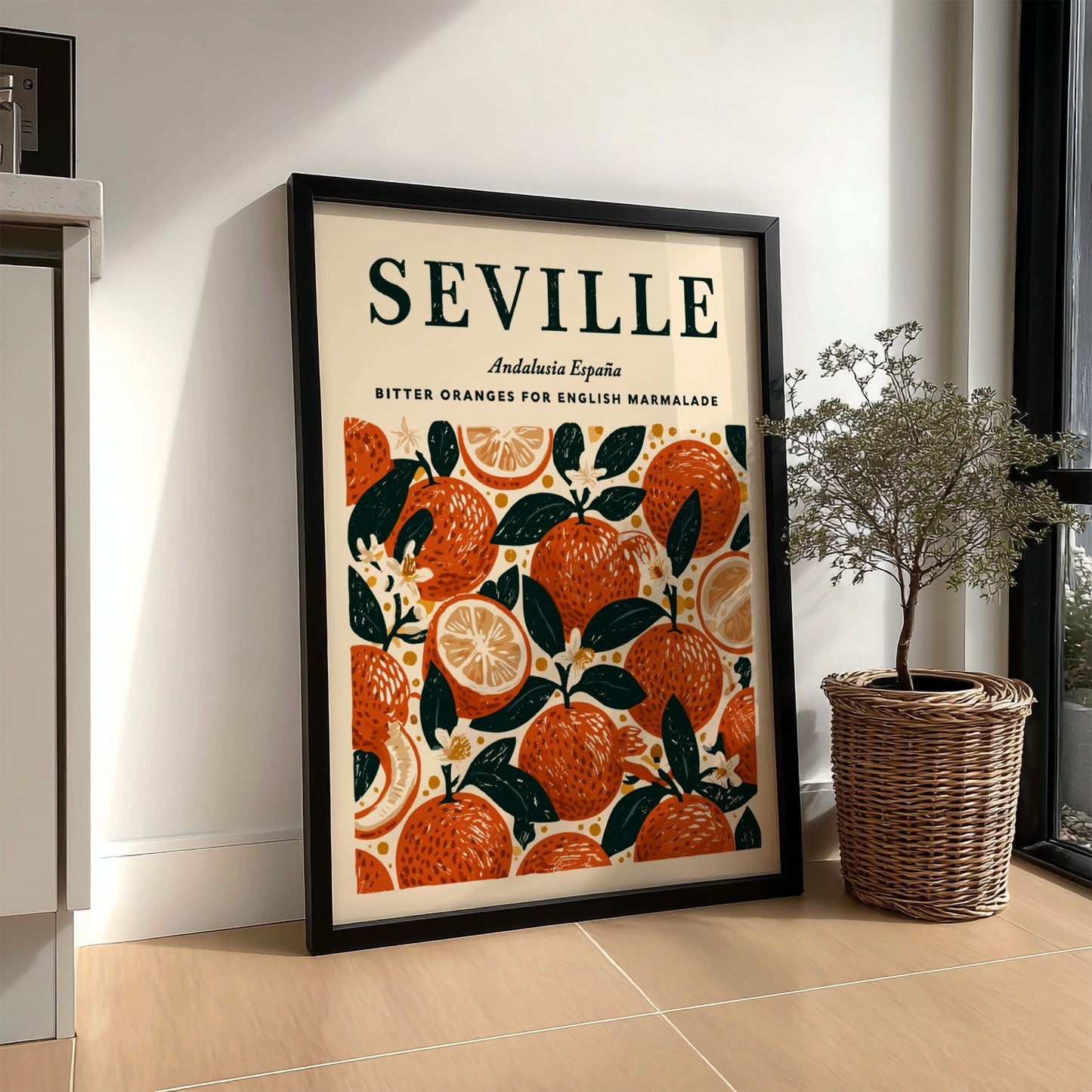 Seville kitchen poster featuring vibrant citrus fruits in warm colors, perfect for kitchen decor