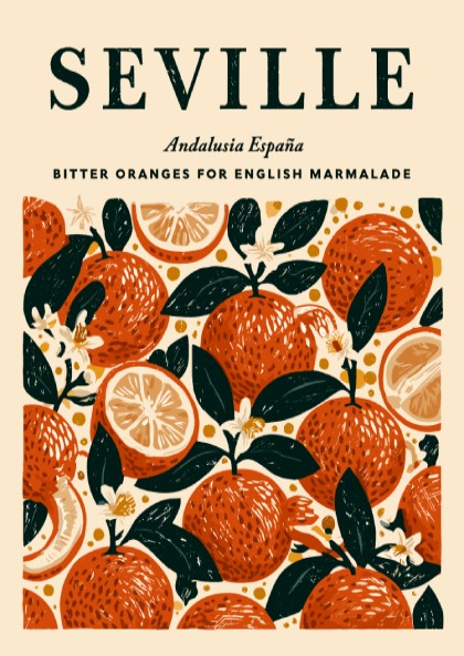Seville kitchen poster featuring vibrant citrus fruits in warm colors, perfect for kitchen decor