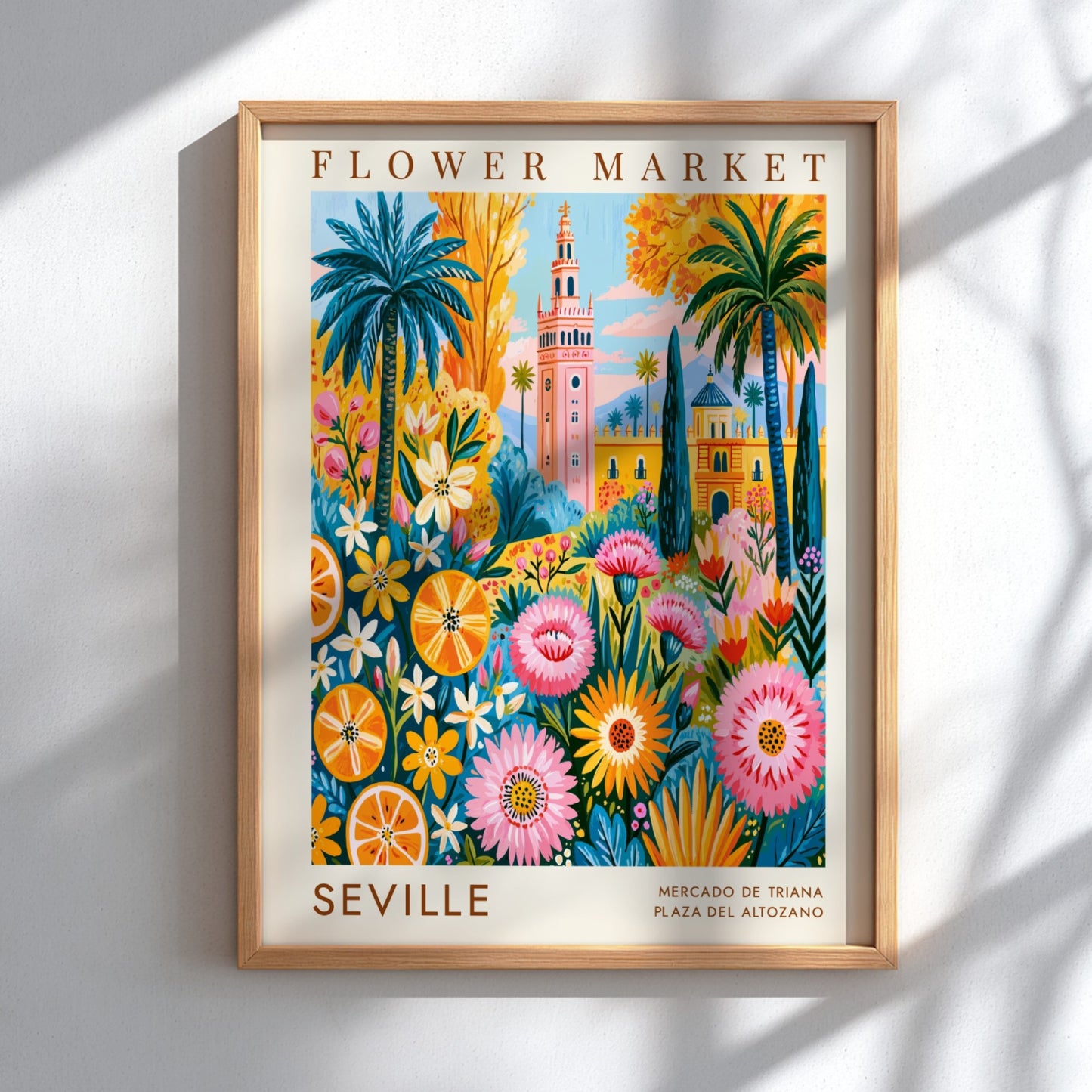 Flower market poster featuring vibrant colors and Seville city elements
