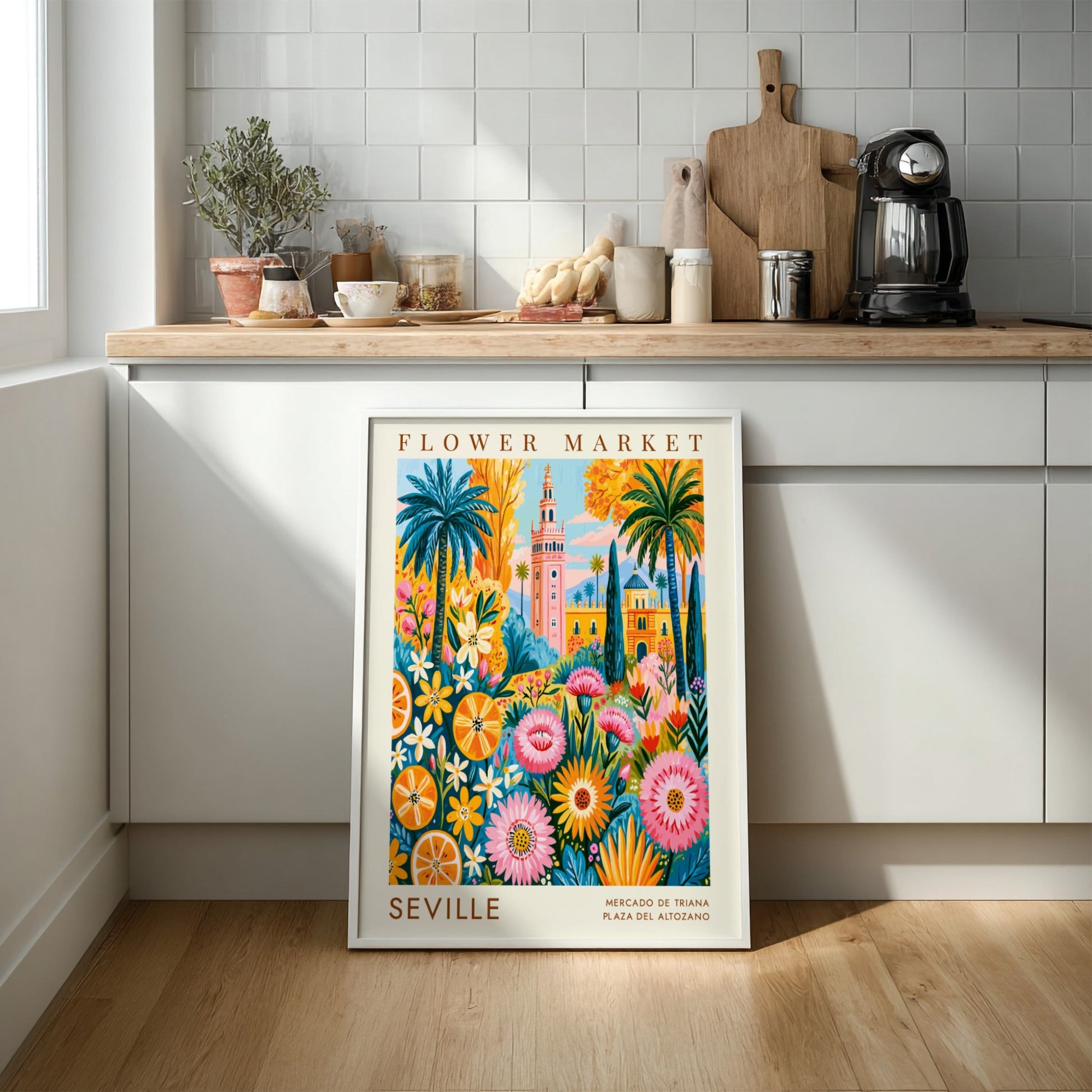 Flower market poster featuring vibrant colors and Seville city elements