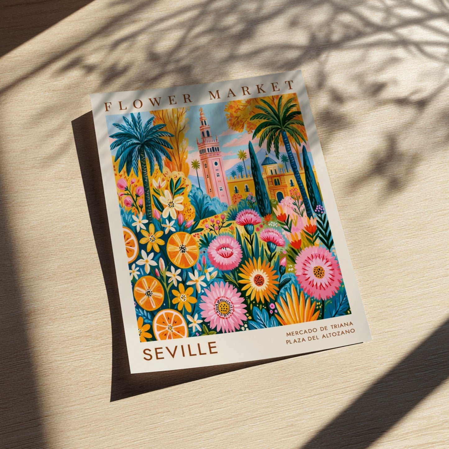 Flower market poster featuring vibrant colors and Seville city elements