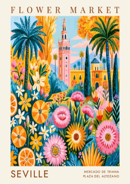 Flower market poster featuring vibrant colors and Seville city elements