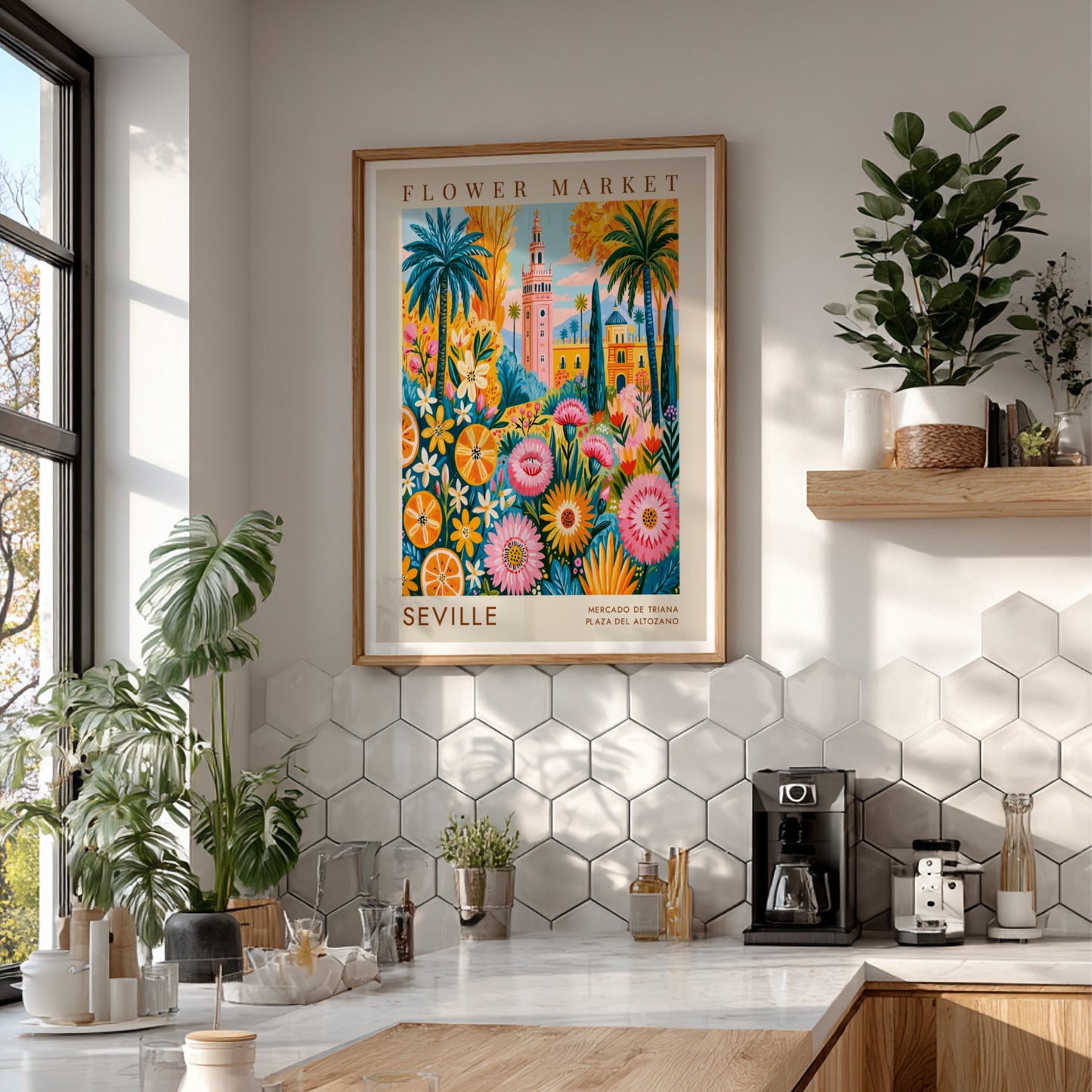 Flower market poster featuring vibrant colors and Seville city elements