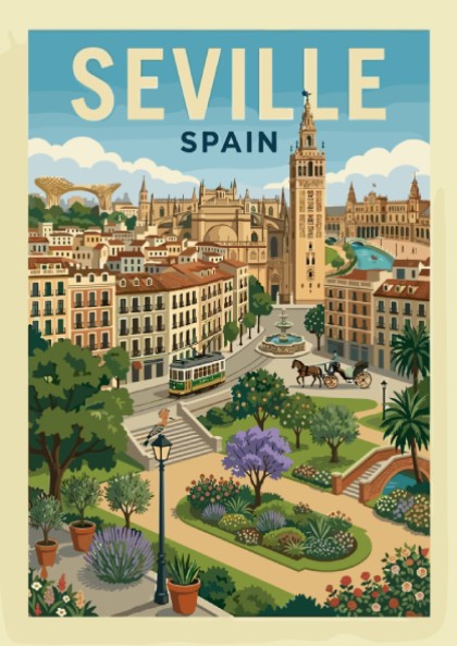 Seville Spain travel poster featuring the Giralda tower, tram, and buildings in a vintage illustration style.