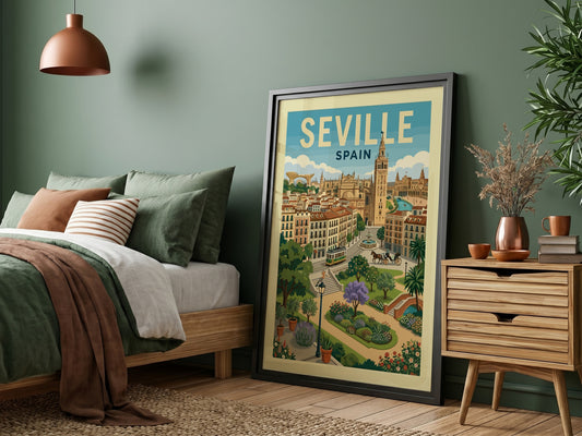 Seville Spain travel poster featuring the Giralda tower, tram, and buildings in a vintage illustration style.